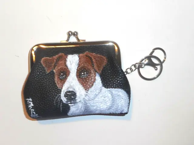 Jack Russell Terrier dog Coin Purse with Key Chain Hand Painted Vegan Leather