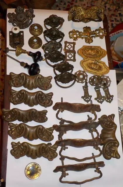 Lot  Vintage Brass Dresser Cabinet Pulls Handles  Knobs Drawer Door Porcelain