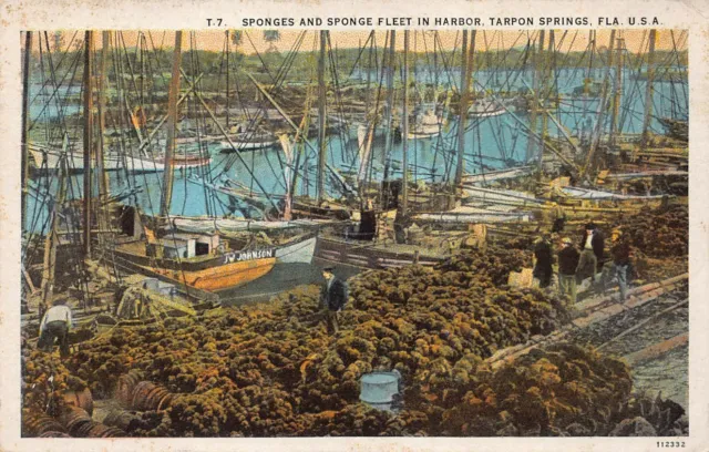 Tarpon Springs FL Florida Harbor Sponge Fleet Ships Boats 1920s Vtg Postcard P6