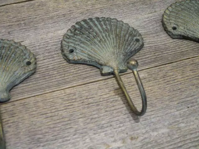 Antique Cast Iron Metal Wall Hooks Sea Shell Hat Coat Towel Hanging Rustic