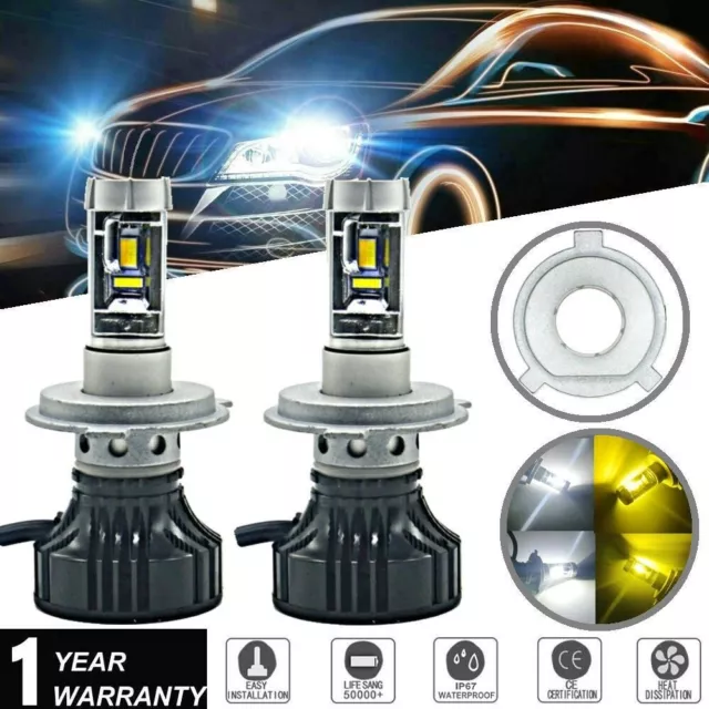 H4 9003 LED Headlight Bulb Kit 100W 10000LM Hi/Lo Beam White&Yellow Dual Color