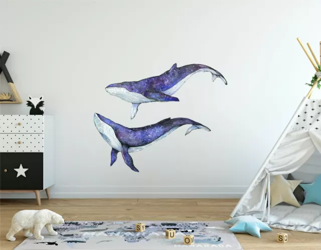 Watercolor Galaxy Whales Set of 2 Wall Decal Removable Fabric Vinyl Wall Sticker