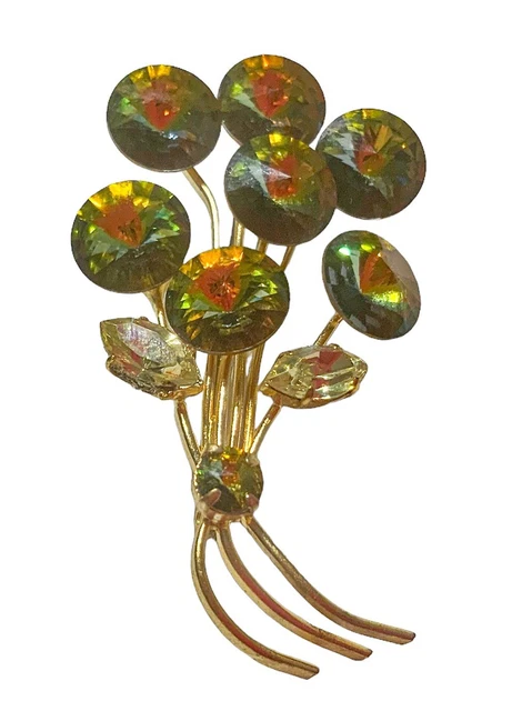 Vintage Watermelon Vitrail Rivoli Rhinestone Flower Bouquet Brooch Gold Toned