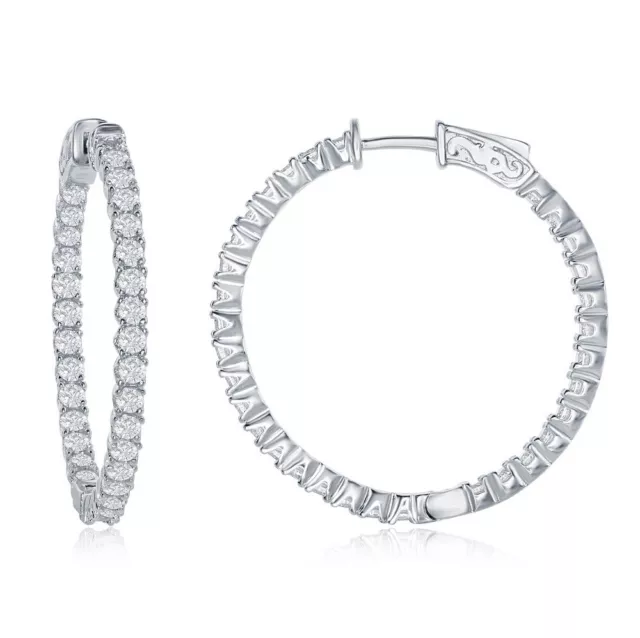 Sterling Silver 3x35mm Inside-Outside CZ Hoop Earrings