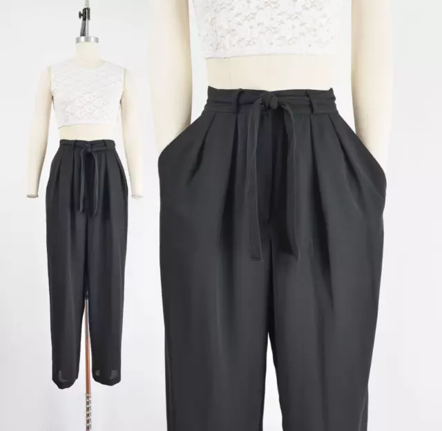 Vintage 90s High Waisted Black Trousers Pleated Front Tapered Leg Pants Belt S