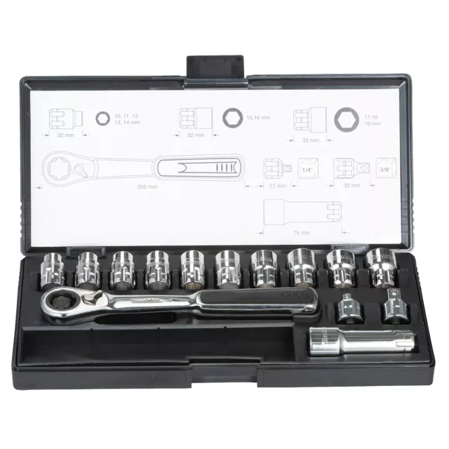 MAKITA B-65595 Set llave de carraca pasante con vasos (14 pcs) 1/4� a 3/8�