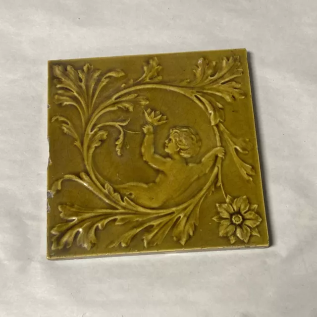 Antique Minton Hollins Co Victorian Glazed Ceramic Fireplace Tile Figural Cherub