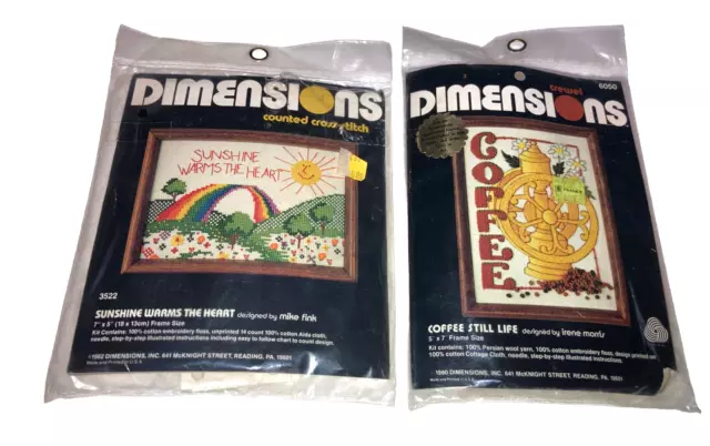 vintage lot new Dimensions crewel kit # 6050 coffee, 3522 sunshine small 5" x 7"