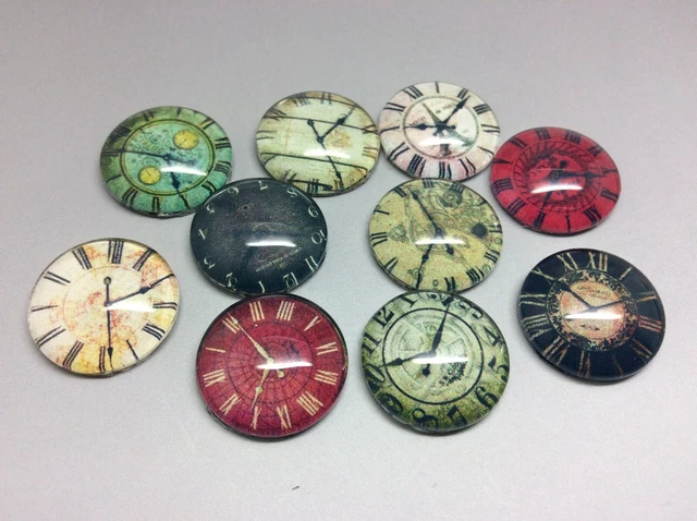 10 Vintage Clock Face Cabochons 16-25mm Mixed Round Glass Picture Dome Flat Back