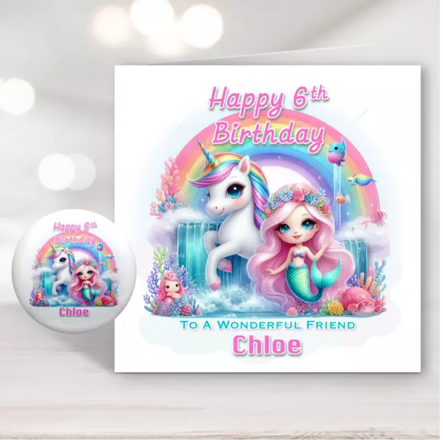 Unicorn & Mermaid Girls Birthday Card Personalised 1st 2nd 3rd 4th 5th 6th 7th 8