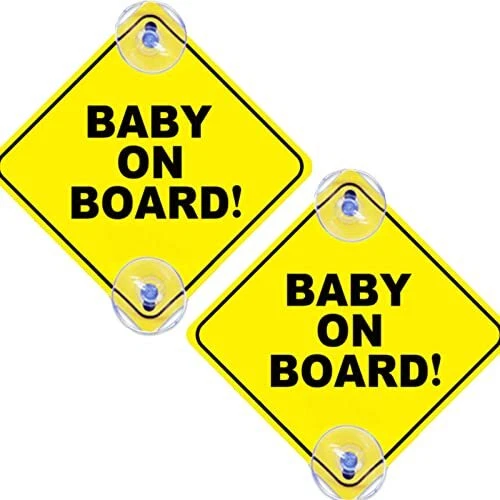 2PCS Baby On Board Signs with Suction Cups, 5"x5" Reusable Baby Safety Warning D