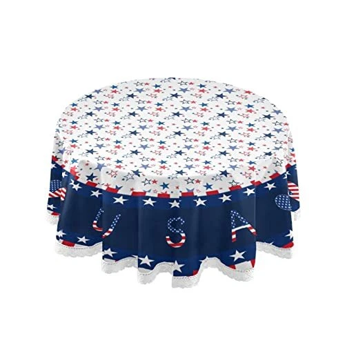 4th of July Round Tablecloth 60 Inch Patriotic Red White Blue American Flag