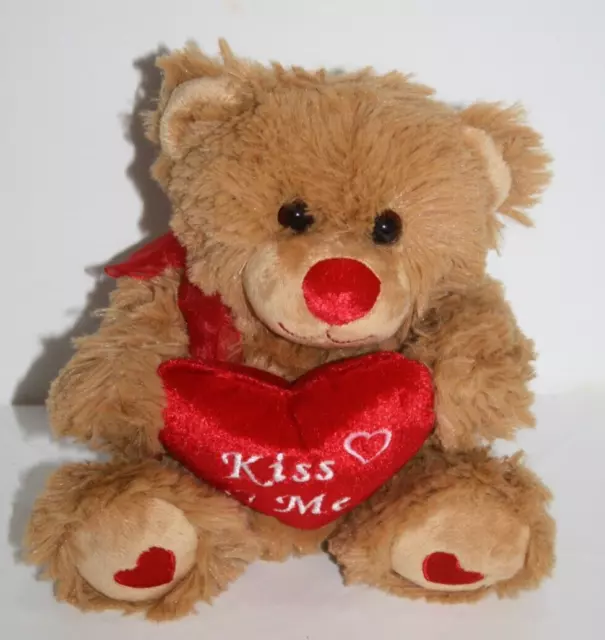 Walmart Brown Bear Plush 7" Sits Red Heart Kiss Me Valentines Stuffed Animal Toy