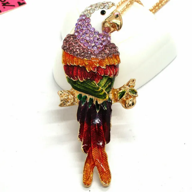 New Betsey Johnson Enamel & Crystal Macaw Parrot Bird Pendant Sweater Necklace ~