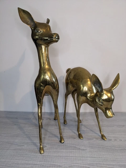 Vtg PAIR Mid Century Modern Hollywood Regency Solid Brass Deer Sculpture 27" 17"
