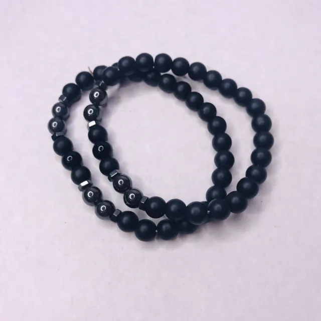 Black Beaded Hematite Bracelet set of 2 Large Size 8" Stretch Unisex Grey