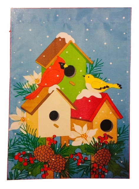 Christmas Garden Flag Cardinal Birdhouse Snow Red & Yellow Birds 12 x 18" NEW