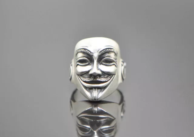 Guy Fawkes Mask Ring 925 Sterling Silver V for Vendetta Anonymous Mask Exclusive