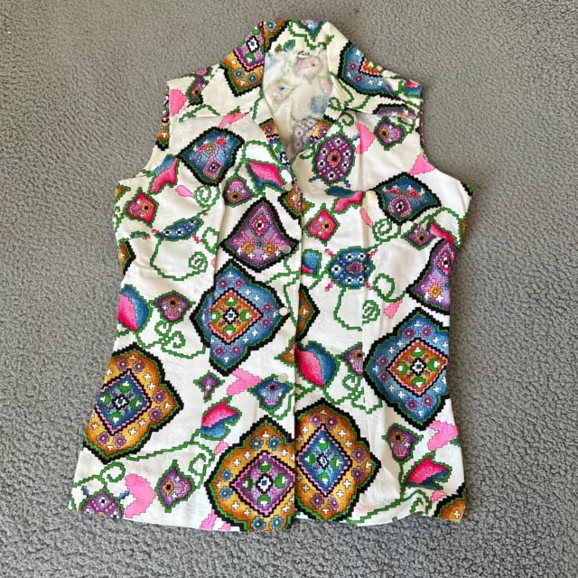 Vintage Terry Shirt Womens Large White Paisley Disco Polyester Vest 70s Ladies