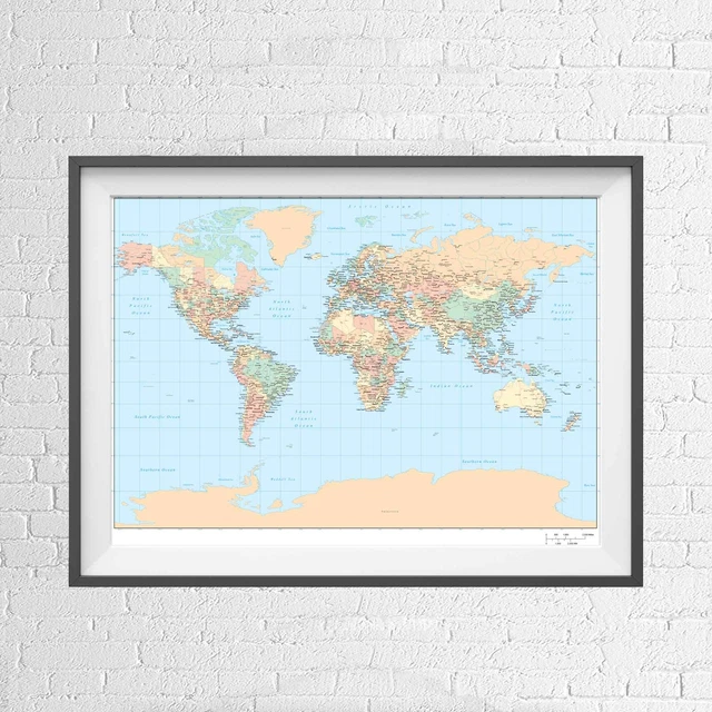 GLOBE WORLD MAP WITH CITIES WALL CHART POSTER PICTURE PRINT Size A5 to ...