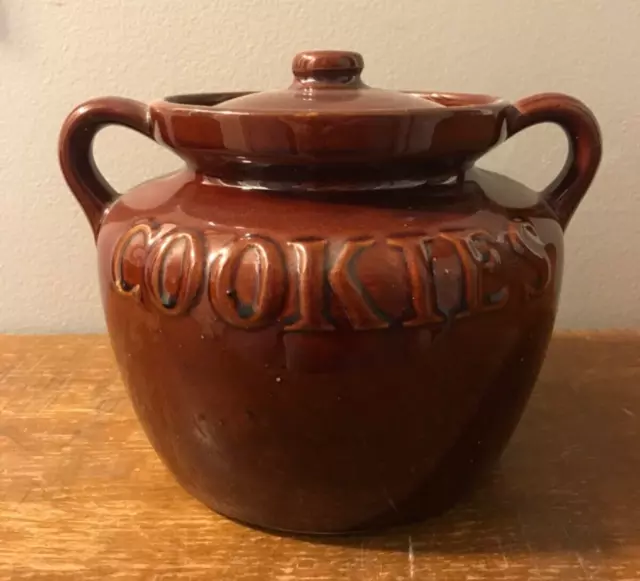 VINTAGE BROWN GLAZE Stoneware Crock Bean Pot Shape Cookie Jar Pottery ...