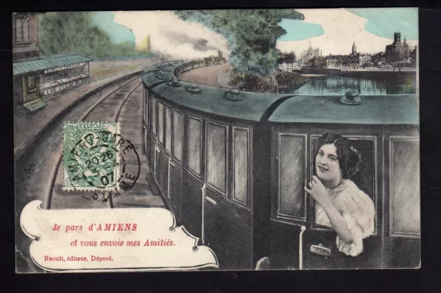 AMIENS somme CPA 80 carte fantaisie je pars d'AMIENS train quittant la gare