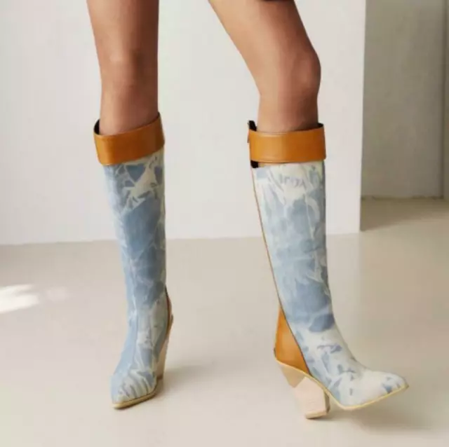 Stivali alti al ginocchio da donna Chelsea Spitz tacco a blocco cerniera cowboy party 48