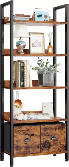 5-Tier Bookshelf with 2 Storage Drawers - Industrial Rustic Brown Shelf