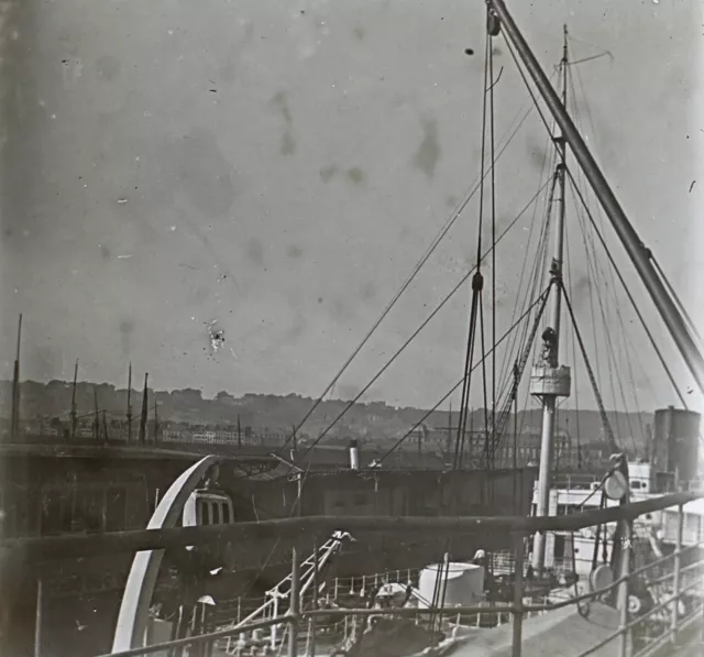 Ville Port Bateau à vapeur c1920 FRANCE Photo Stereo Vintage Plaque verre V35L20