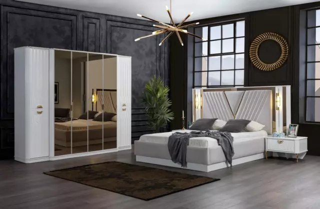 Chambre à Coucher Set Lit 2x Table de Chevet Penderie Bois Luxe Set 4tlg