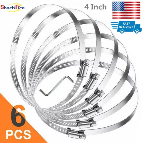 6 Pcs Adjustable 304 Stainless Steel Duct Clamps Hose Clamp 4 Inch+Shaped Wrench
