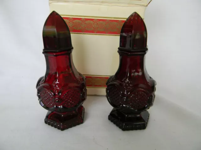 Estate Vintage Avon Cape Cod Ruby Red Glass Pair Salt Pepper Shakers NOS NIB