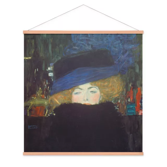 Stoffbild Kakemono mit Posterleisten Gustav Klimt Dame mit Hut und Federboa
