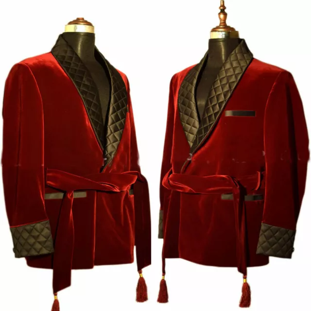 Men Maroon Smoking Jackets Elegant Luxury Belted Designer Party Wear Blazer Coat