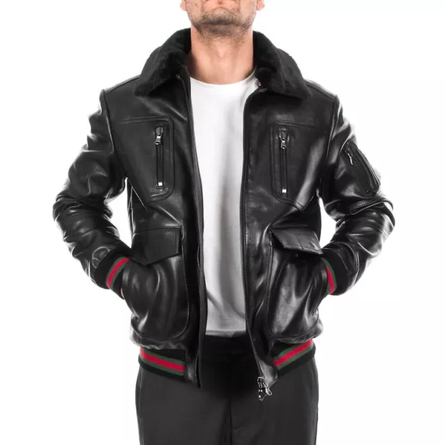 MEN GENUINE LAMBSKIN Bomber leather jacket removable fur Collar Coat ...