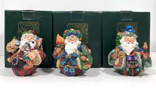 3 Vtg 1996 Roly Poly Santa Figurines 4"H Roman. Inc Legendary Santas Boxes READ