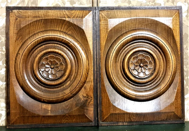 Wood Panel Flower Concentric Circle Carving Antique French Architectural Salvage