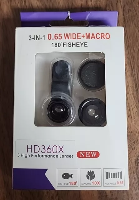 HD360X – 3 in 1 HD Smartphone Lens Kit 180 Fisheye Macro 10x Wide Angle 0.65