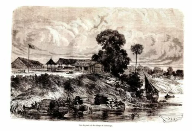 GRAVURE SUR BOIS 19ème VUE DU POSTE ET VILLAGE DE TABATINGA BRESIL