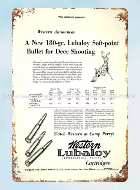 1930 Cartridge Occidental Lubaloy Punto Suave Ciervo Bala Disparando Letrero de Estaño Bar pub