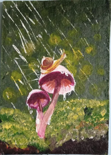 Original ACEO Art Card - Pink Mushroom - Acrylic Art by Pali from Sri Lanka