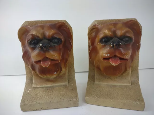 Vintage Chalkware Plaster Pekingese Dog Bookends Set Pair  6.5" tall x 4.5" wide