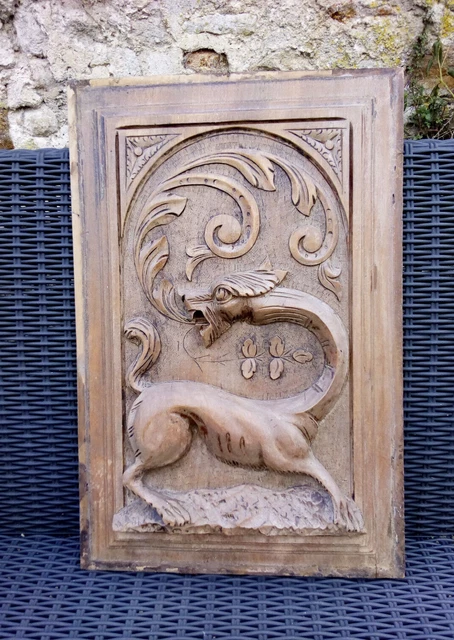 Antique Carved Wood archictural Panel/Door gothic dragon chimera griffin