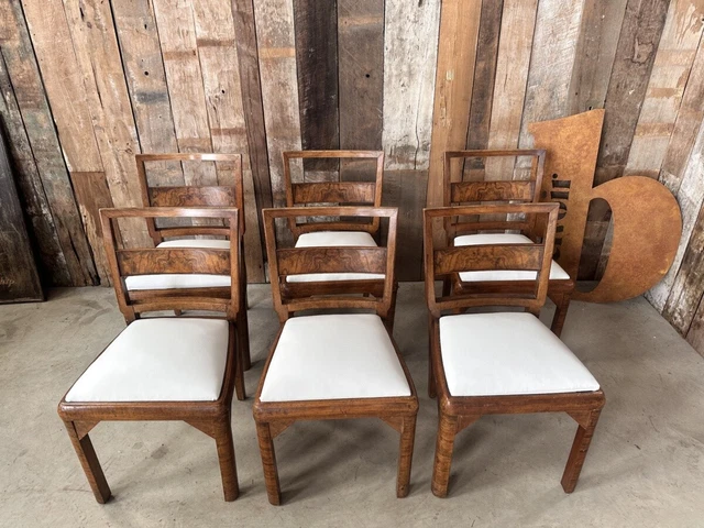 Antique Set of Six Art Deco Cloud Burr Walnut Vegan Leather Dining Chairs, c ...