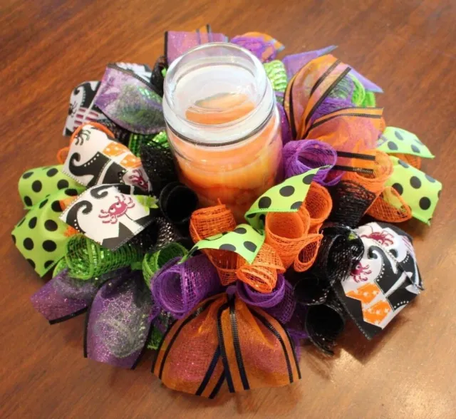 14" Halloween Centerpiece, Candle Ring, Wreath - Deco Mesh w/Ribbons
