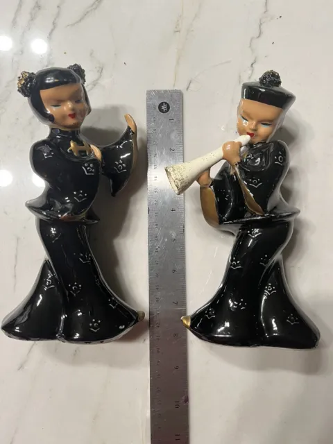 Vintage Ceramic Figurines Set of 2.  Asian dancer and musician, Kreiss 1955