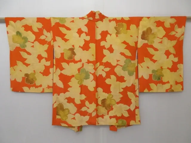 1627T10z580 Vintage Japanese Kimono Silk HAORI Flower Dark orange