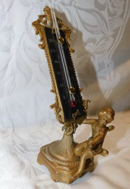 Antique Victorian Ornate Art Nouveau Era Thermometer Figural Cherub Angel 6 3/4"