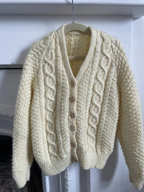 Cardigan vintage bambini lavorato a mano filato di aran età circa 4-5 crema CE