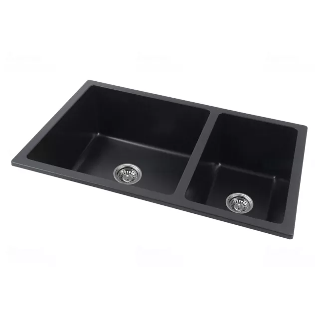 710x450x205mm Black Granite Quartz Stone Double Bowl Kitchen Sink Top/Flushmount